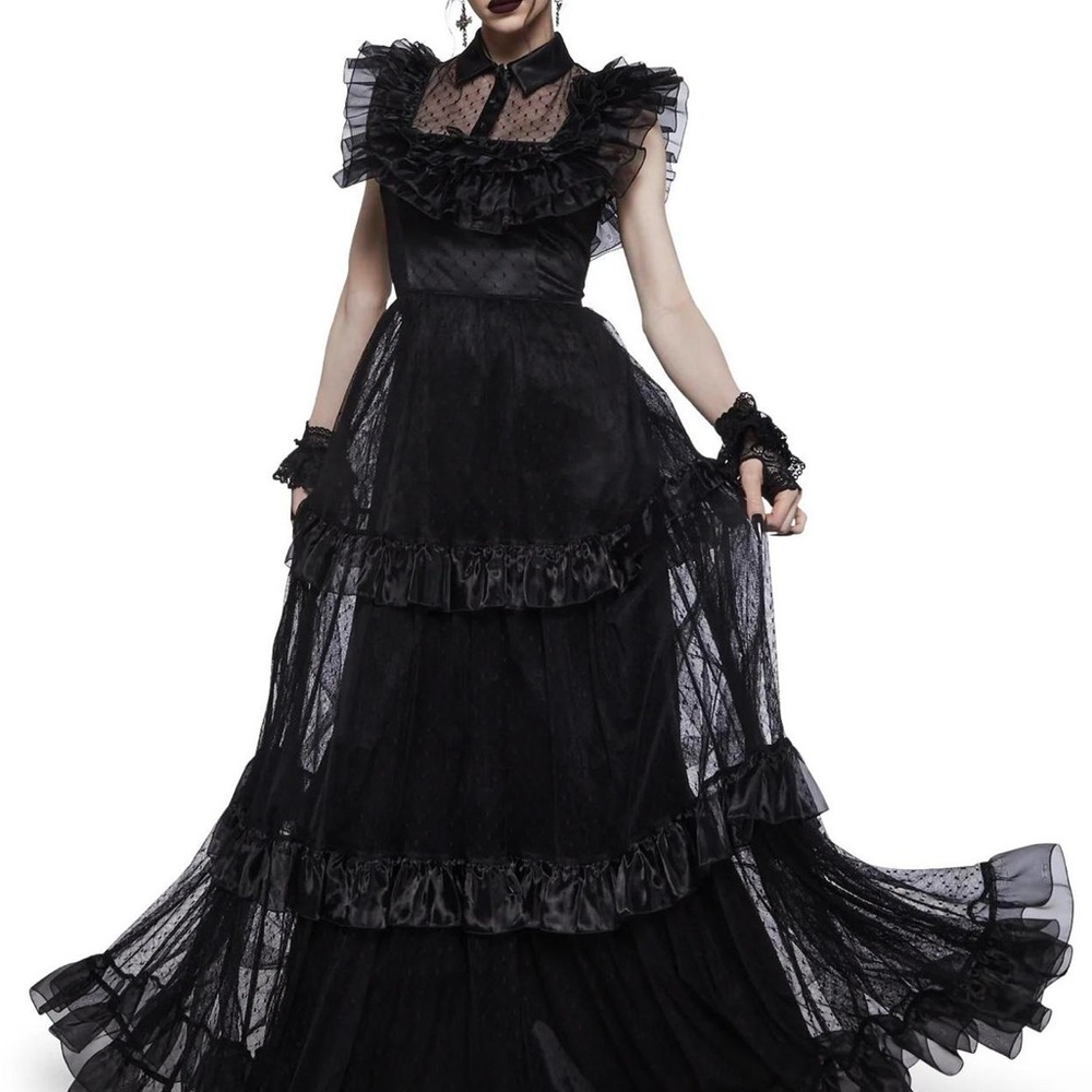 Widow Lace Satin Black gothic dress with ruffles🖤